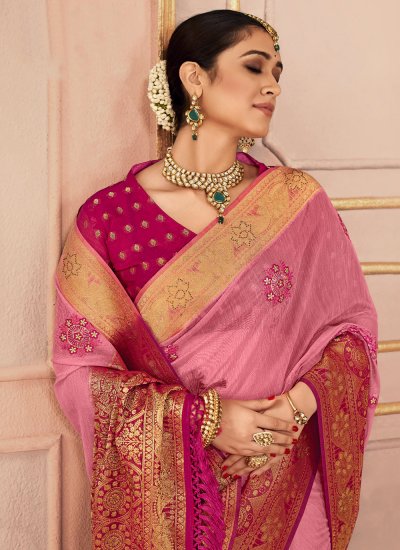 
                            Mystical Pink Resham Contemporary Style Saree