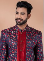 Navy Blue and Red Jacquard Work Indo Western