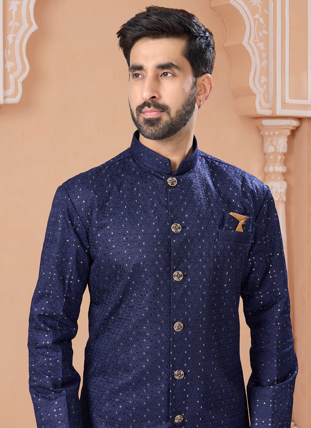 Navy Blue Banglori Silk Engagement Indo Western Sherwani