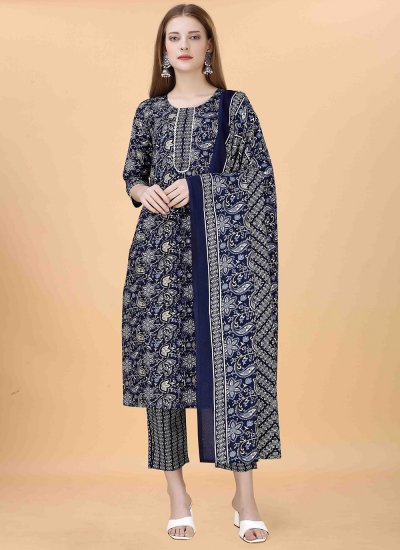 Navy Blue Embroidered Blended Cotton Trendy Salwar Kameez
