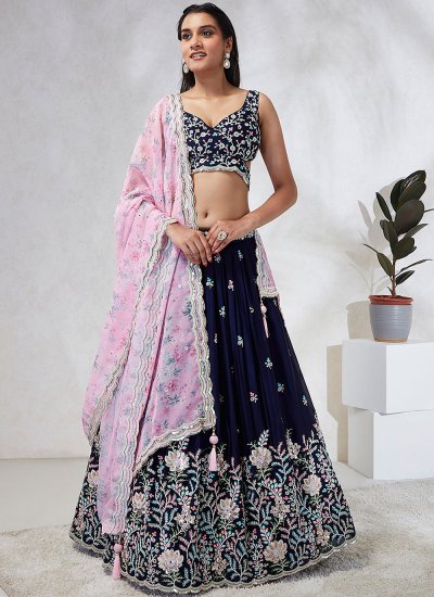 Buy Navy Blue Embroidered Mulberry Silk Bridal Lehenga Choli With Dupatta  From Ethnic Plus