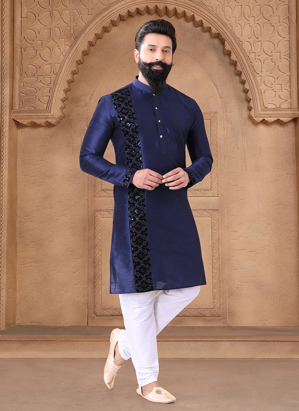 Kurta Marriage Reception Dress For Mens Navy Blue Silk Reception