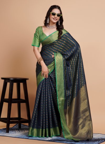 Navy Blue Woven Banarasi Silk Trendy Saree