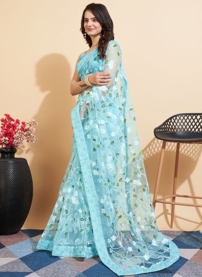 Net Embroidered Blue Classic Saree