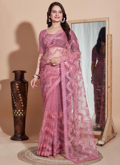 Net Embroidered Pink Contemporary Style Saree