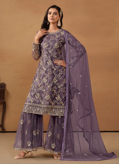 Net Embroidered Purple Salwar Kameez