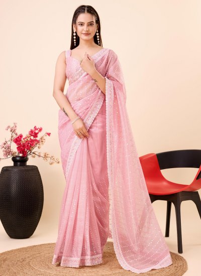 Net Embroidered Rose Pink Contemporary Style Saree