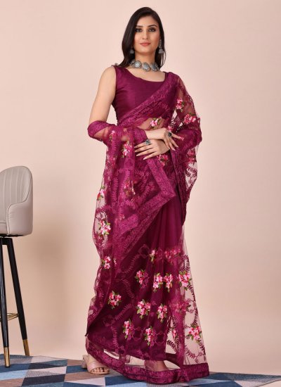 Net Embroidered Trendy Saree in Wine