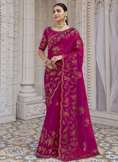 Net Hot Pink Embroidered Designer Saree