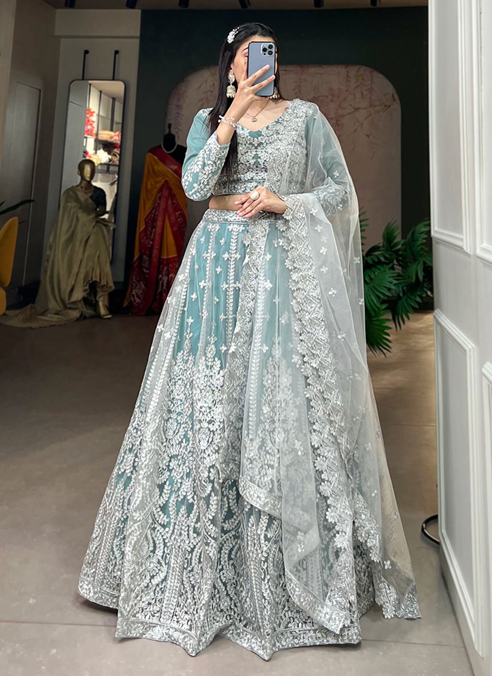 Net Sequins Firozi Trendy Lehenga Choli