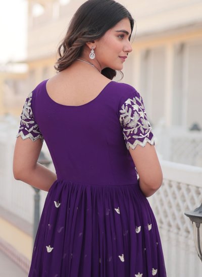 Noble Faux Georgette Sequins Purple Readymade Gown