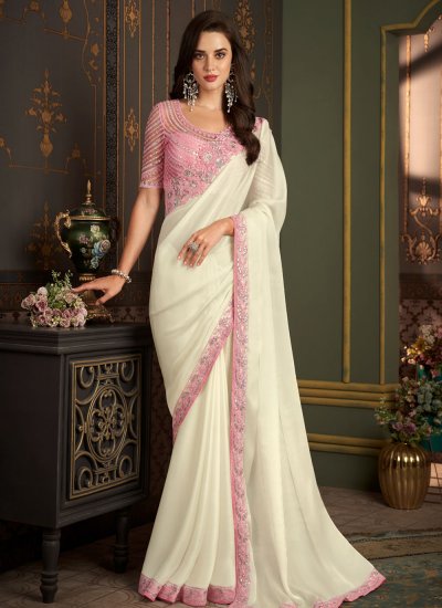 Off White and Pink Embroidered Trendy Saree