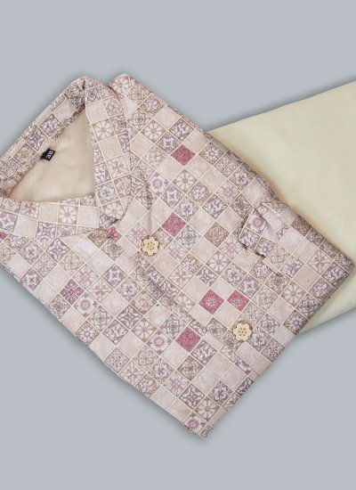 
                            Off White and Purple Cotton Digital Print Kurta Payjama With Jacket