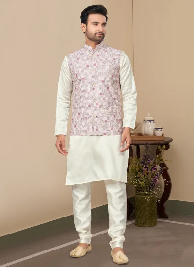 Off White and Purple Cotton Digital Print Kurta Payjama With Jacket