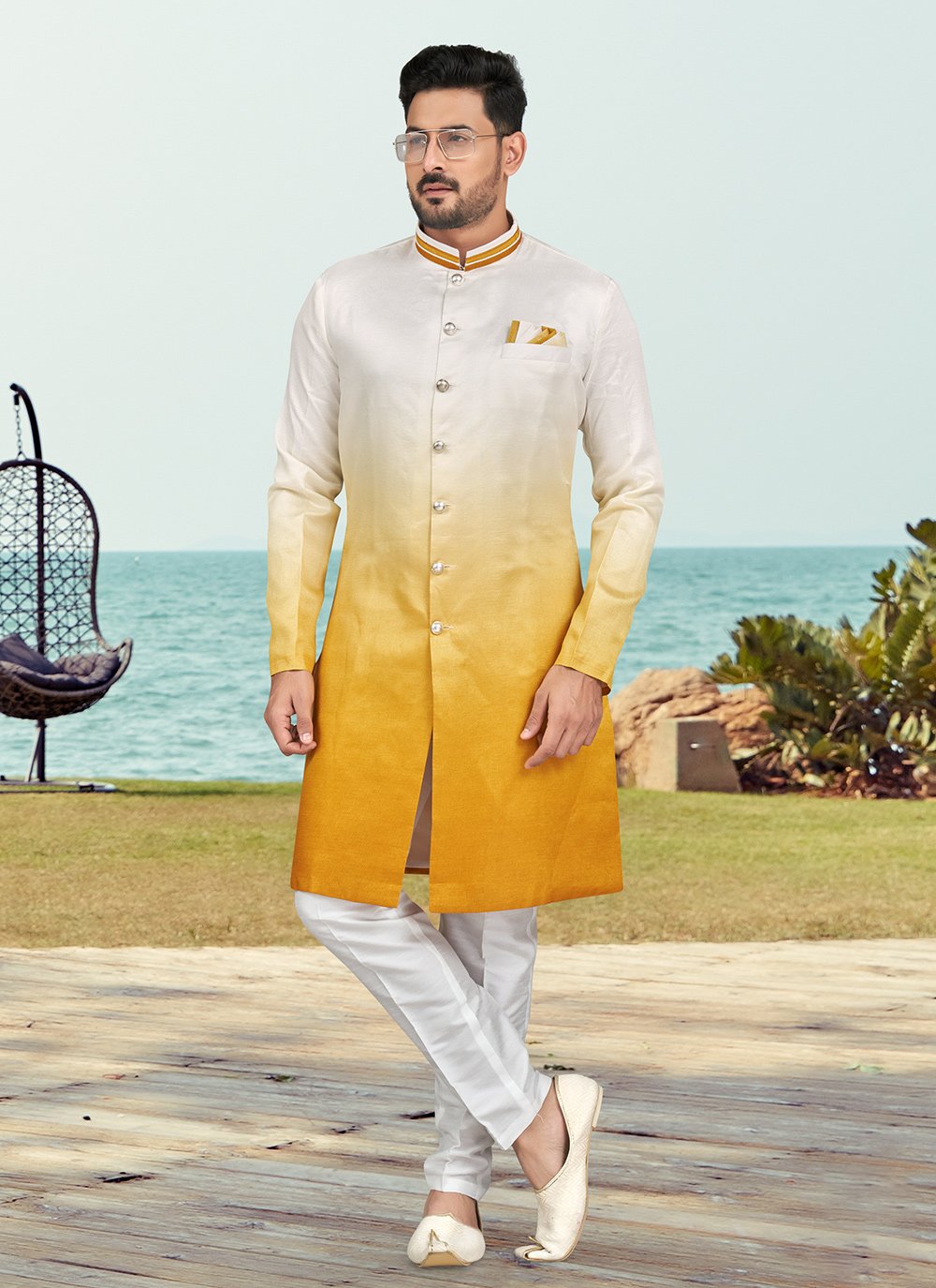 Off White and Yellow Buttons Indo Western