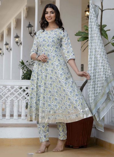 Off White Cotton Floral Print Anarkali Salwar Suit