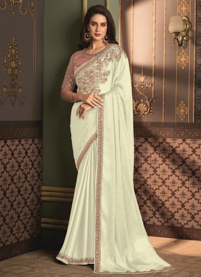 Off White Embroidered Contemporary Saree