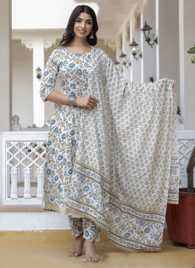 Off White Floral Print Chinon Trendy Salwar Suit