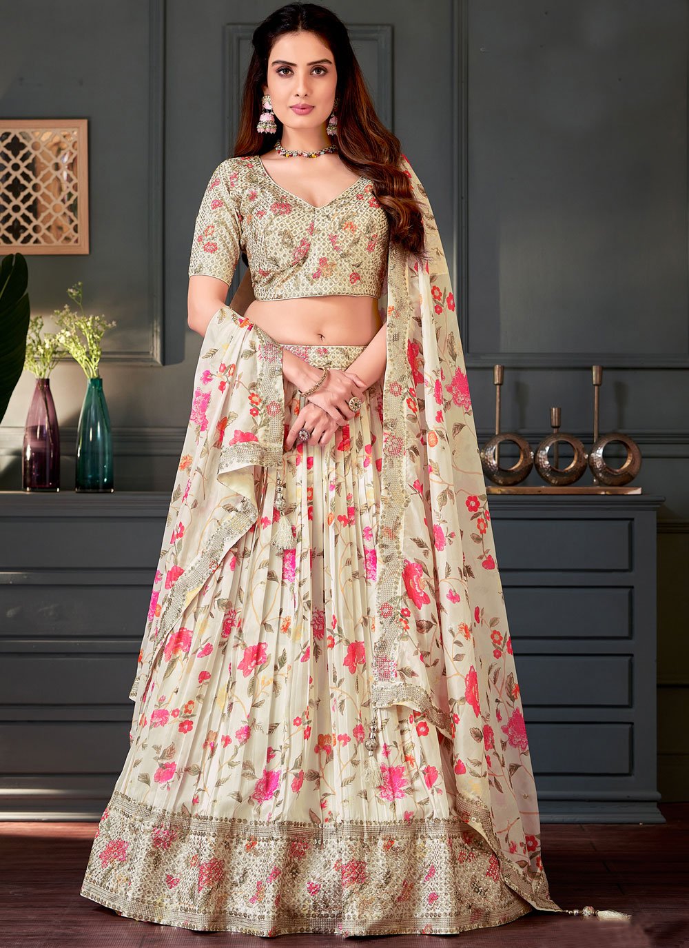 Off-White Jacquard Zari Weaving Lehenga Choli