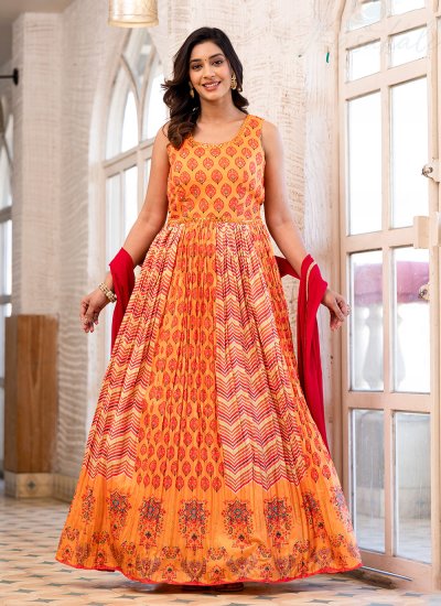 Orange Silk Reception Designer Gown