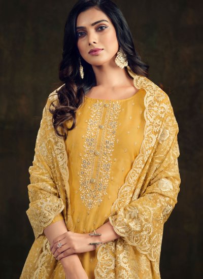 Organza Embroidered Salwar Suit in Yellow