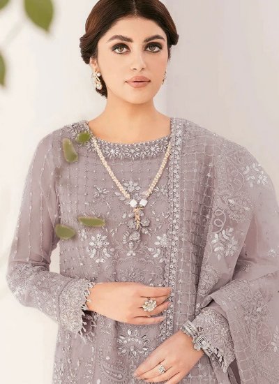 Organza Grey Embroidered Salwar Kameez
