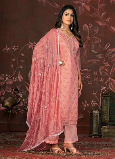 Organza Pink Woven Designer Salwar Kameez
