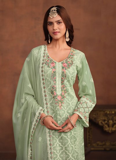 Organza Sequins Green Salwar Suit