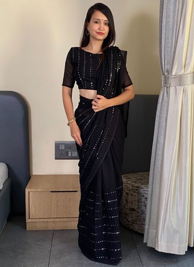 Outstanding Black Sequins Faux Georgette Classic Saree
