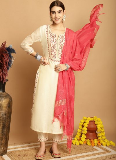 Pant Style Suit Embroidered Chanderi in Cream