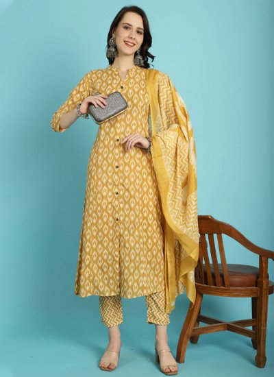 Pant Style Suit Printed Blended Cotton in Mustard