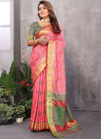 Patola Silk  Weaving Pink Contemporary Saree