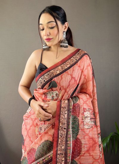 Peach Ceremonial Tussar Silk Designer Saree