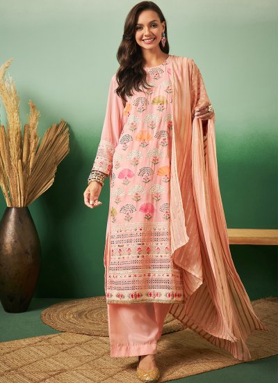 Peach Embroidered Georgette Trendy Salwar Suit