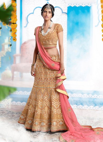 Buy Bollywood Sabyasachi Inspired Peach color Fine art silk bridal lehenga  choli in UK, USA and Can