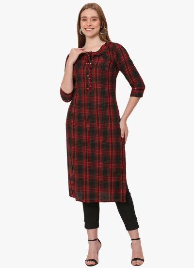 Perfect Embroidered Black and Red Cotton Casual Kurti