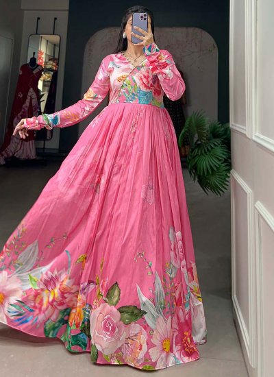 Perfect Floral Print Tussar Silk Pink Designer Gown