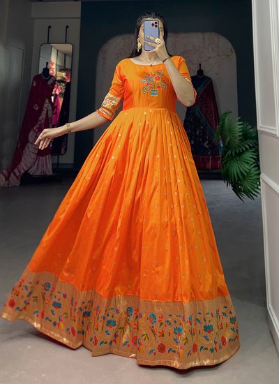 Phenomenal Orange Jacquard Silk Trendy Gown
