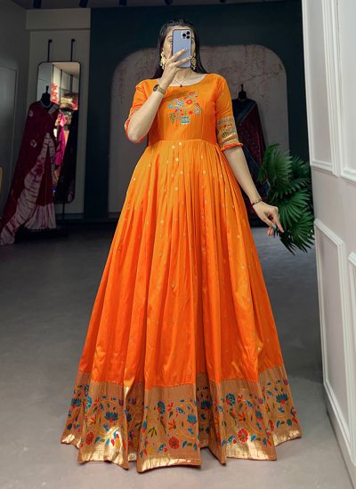 Phenomenal Orange Jacquard Silk Trendy Gown
