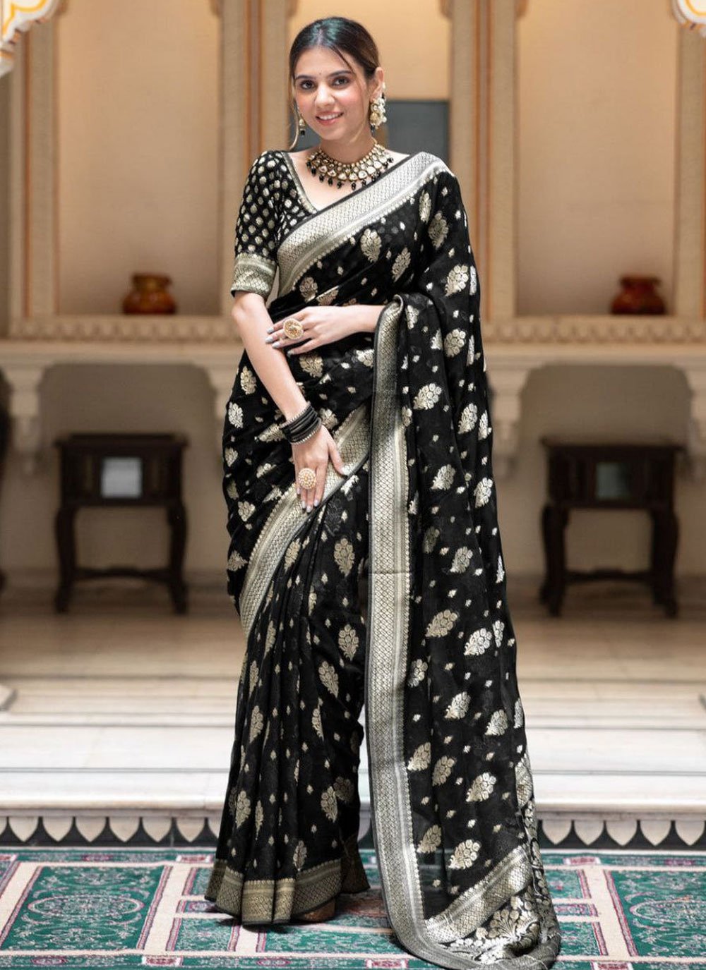 Black Silk Blend Beautiful Saree With Jacquard Woven Work | Attractive Saree | Wedding Wear Saree | Silk shops Blend Saree Sari With Blouse Piece