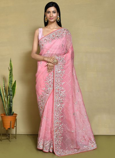 Pink Ceremonial Contemporary Style Saree