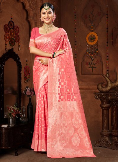 Pink Cotton Thread Work Casual Saree