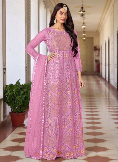 Pink Embroidered Net Trendy Floor Length Suit