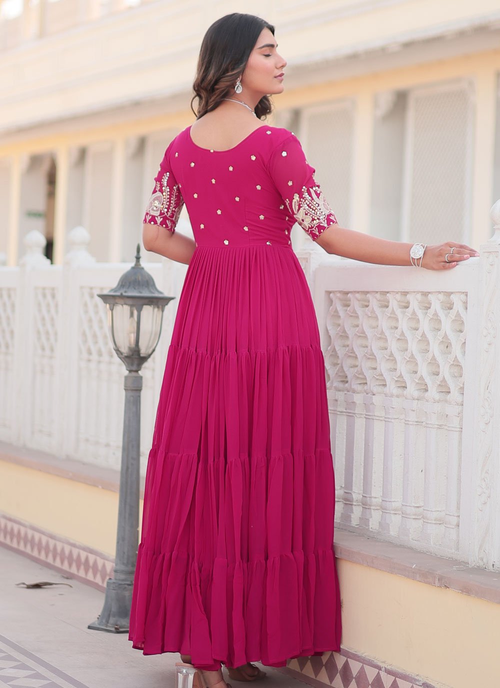 Women onion pink Faux Georgette With Sequins & Zari Embroidered gown with dupatta