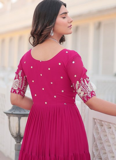 Pink Faux Georgette Embroidered Readymade Trendy Gown 