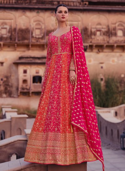 
                            Pink Georgette Embroidered Readymade Floor Length Gown 