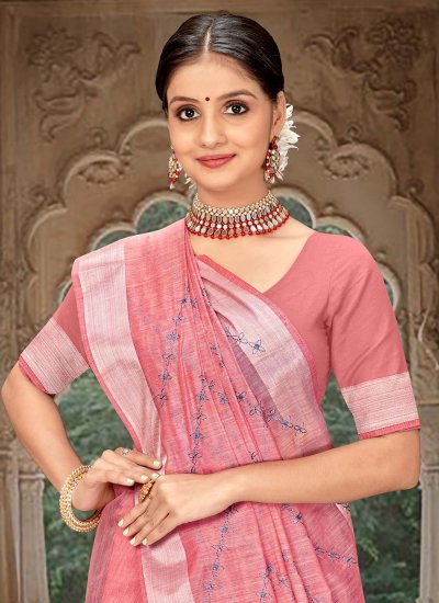 Pink Linen Embroidered Contemporary Style Saree