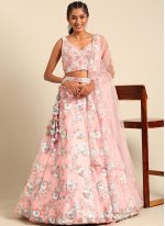 Pink Net Embroidered Trendy Lehenga Choli