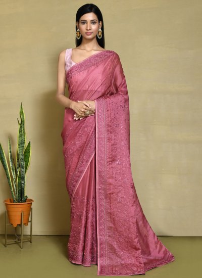 Pink Satin Silk Embroidered Trendy Saree