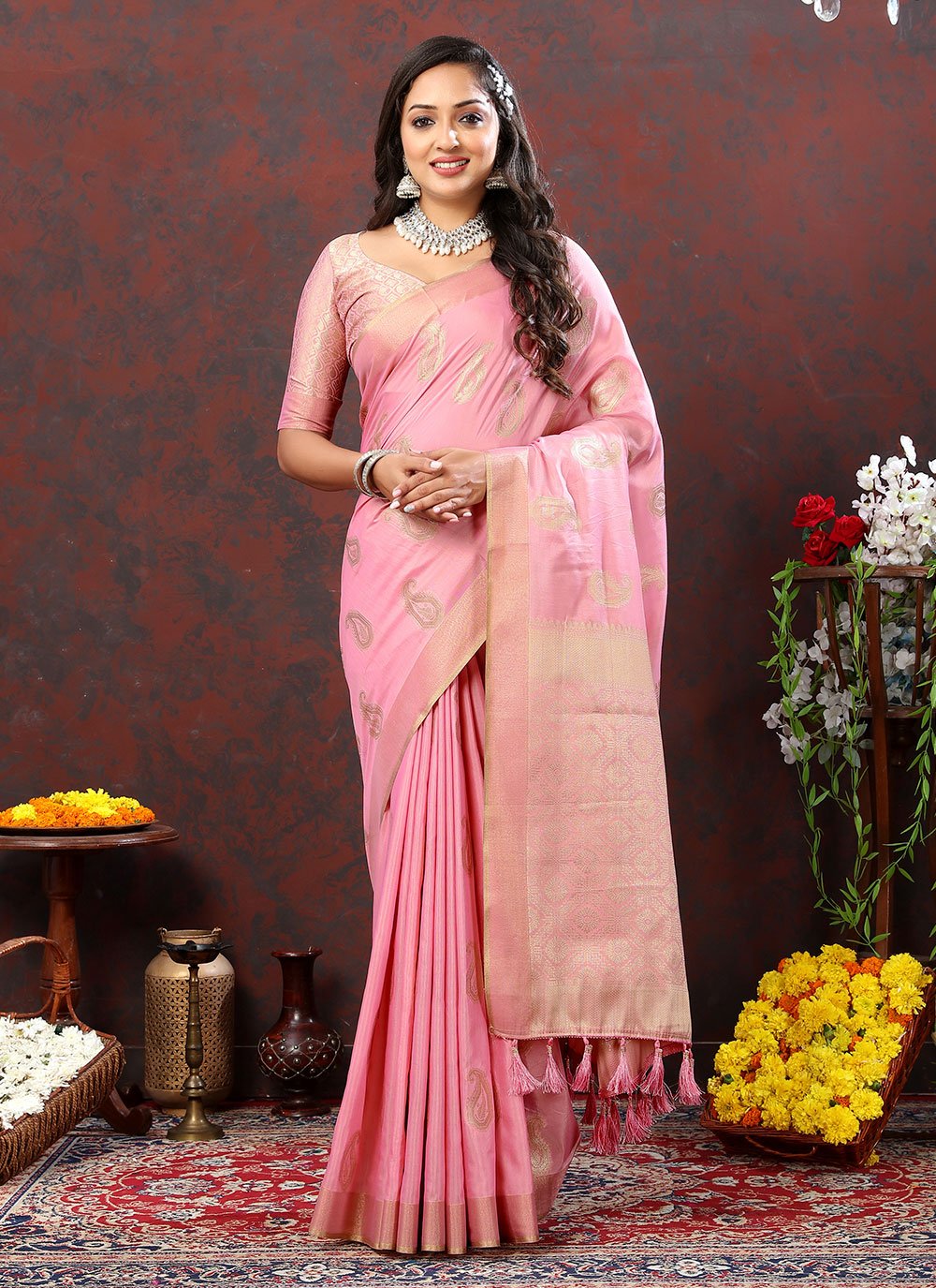Best Silk Rose Pink Contemporary Saree